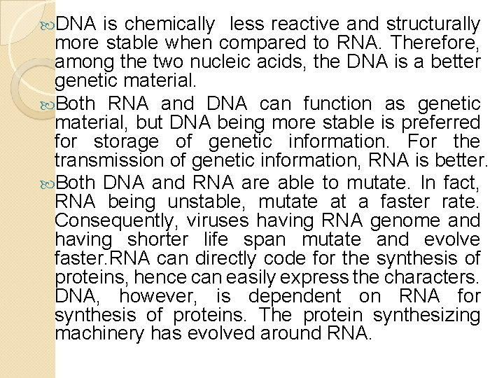 DNA is chemically less reactive and structurally more stable when compared to RNA. DNA is chemically less reactive and structurally more stable when compared to RNA.