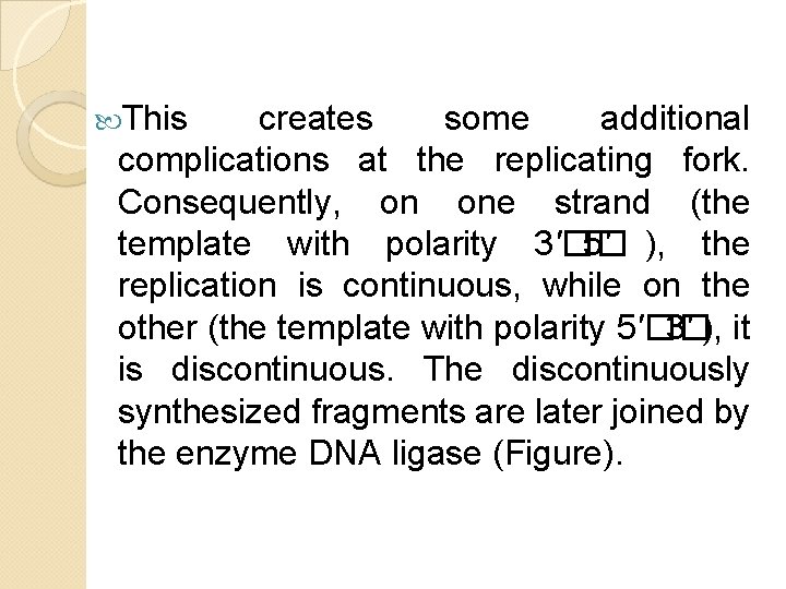 This creates some additional complications at the replicating fork. Consequently, on one strand This creates some additional complications at the replicating fork. Consequently, on one strand