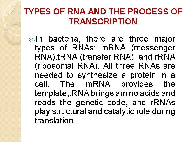 TYPES OF RNA AND THE PROCESS OF TRANSCRIPTION In bacteria, there are three major TYPES OF RNA AND THE PROCESS OF TRANSCRIPTION In bacteria, there are three major