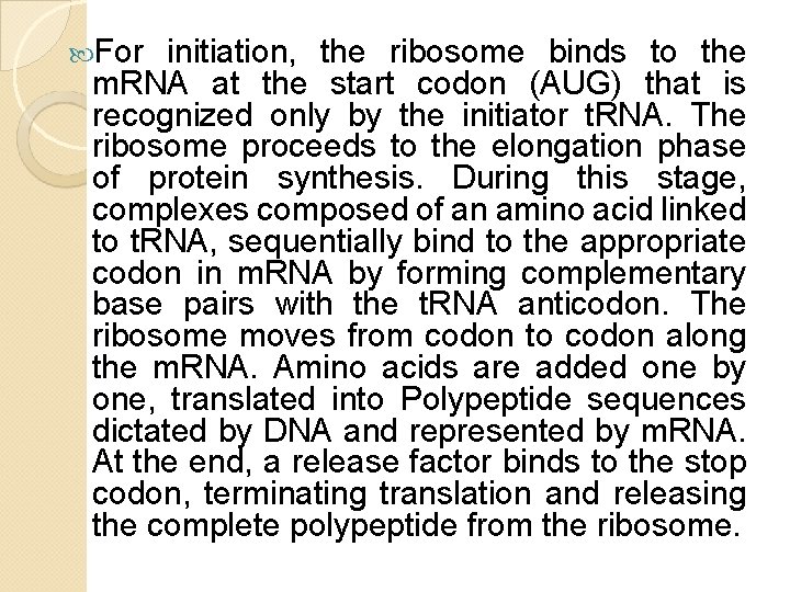 For initiation, the ribosome binds to the m. RNA at the start codon For initiation, the ribosome binds to the m. RNA at the start codon