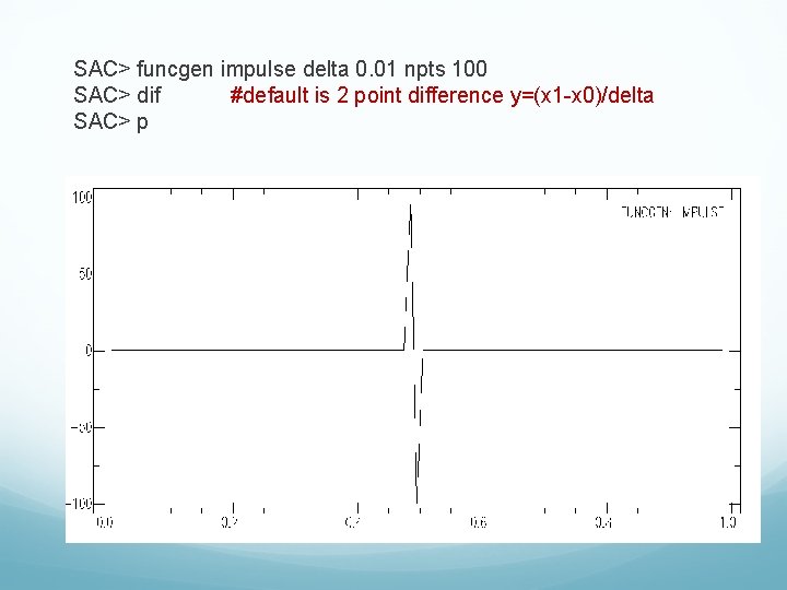 SAC> funcgen impulse delta 0. 01 npts 100 SAC> dif #default is 2 point