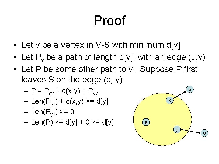 Proof • Let v be a vertex in V-S with minimum d[v] • Let