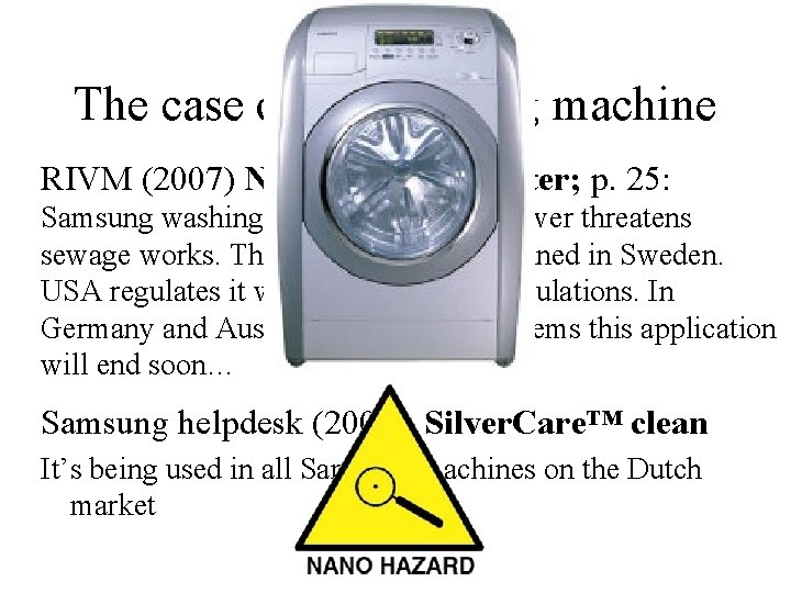 The case of the washing machine RIVM (2007) Nanodeeltjes in water; p. 25: Samsung The case of the washing machine RIVM (2007) Nanodeeltjes in water; p. 25: Samsung