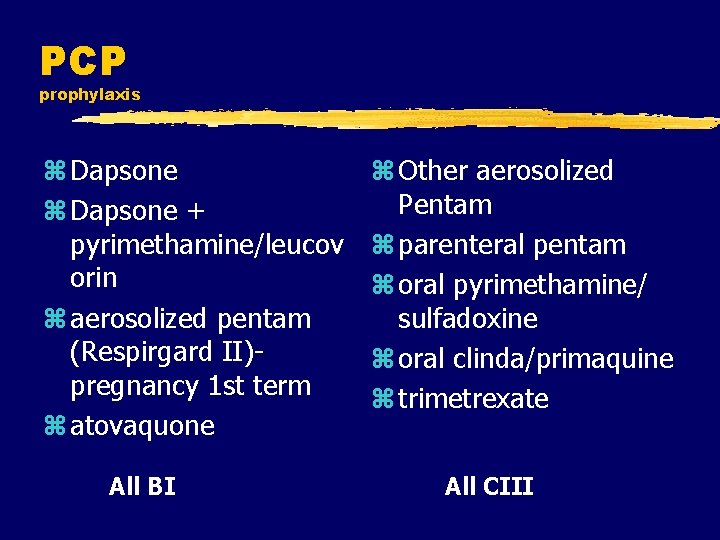 PCP prophylaxis z Dapsone + pyrimethamine/leucov orin z aerosolized pentam (Respirgard II)pregnancy 1 st