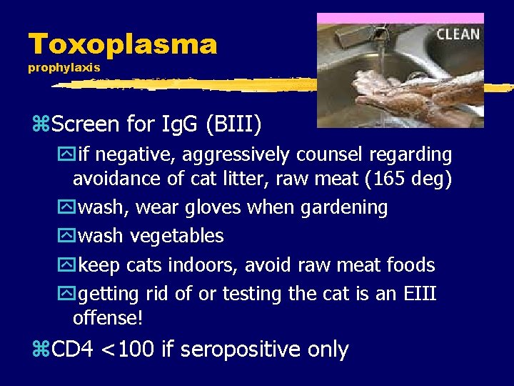 Toxoplasma prophylaxis z. Screen for Ig. G (BIII) yif negative, aggressively counsel regarding avoidance