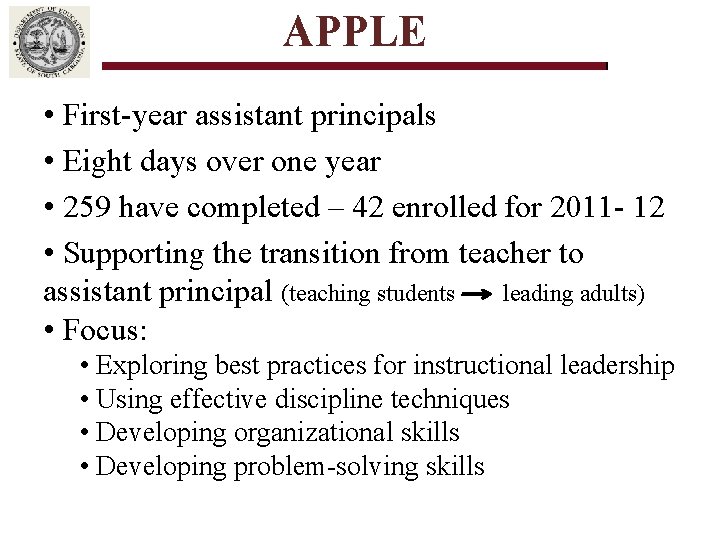 APPLE • First-year assistant principals • Eight days over one year • 259 have
