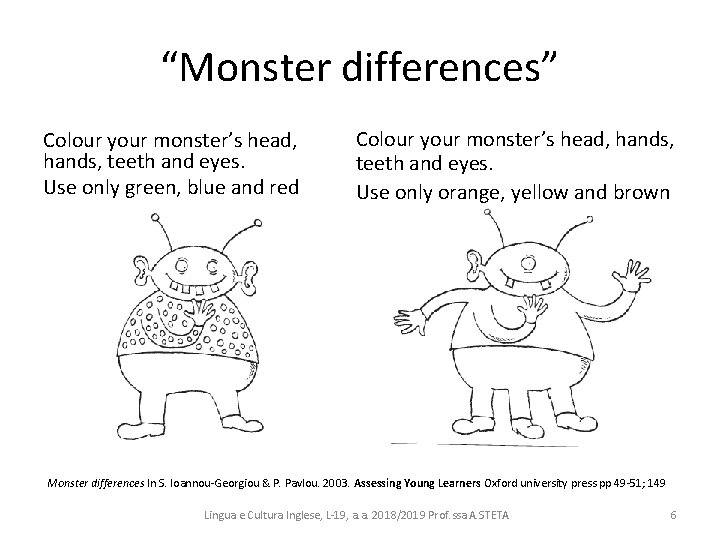 “Monster differences” Colour your monster’s head, hands, teeth and eyes. Use only green, blue