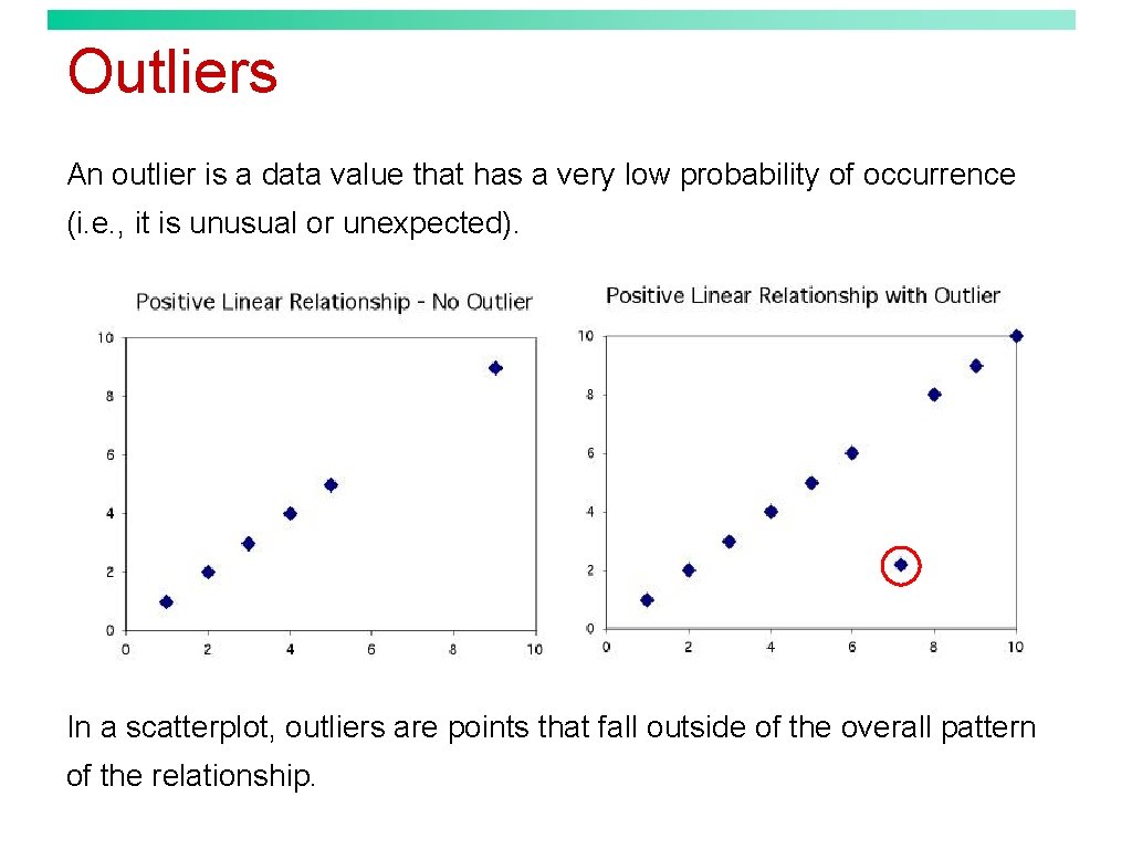 Outliers An outlier is a data value that has a very low probability of