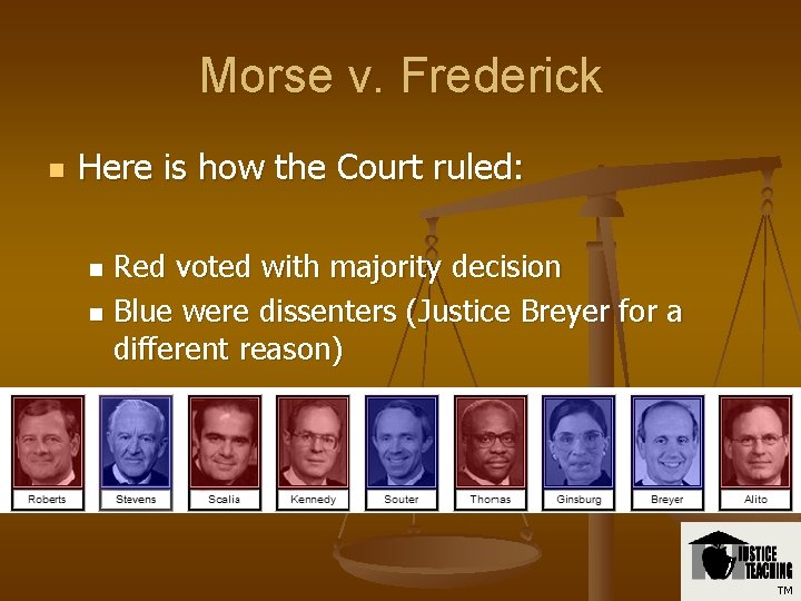 Morse v. Frederick n Here is how the Court ruled: Red voted with majority