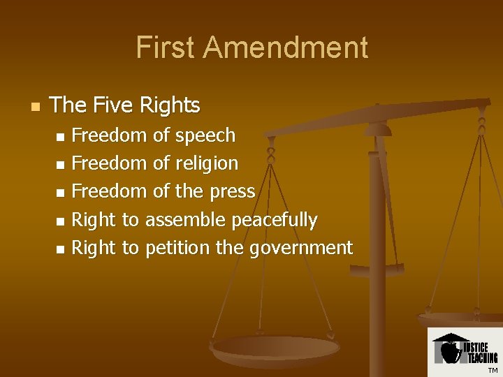 First Amendment n The Five Rights Freedom of speech n Freedom of religion n