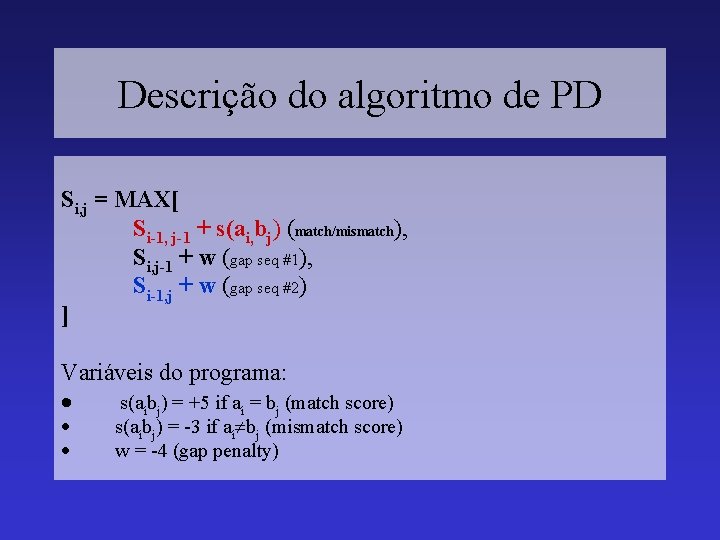 Descrição do algoritmo de PD Si, j = MAX[ Si-1, j-1 + s(ai, bj)