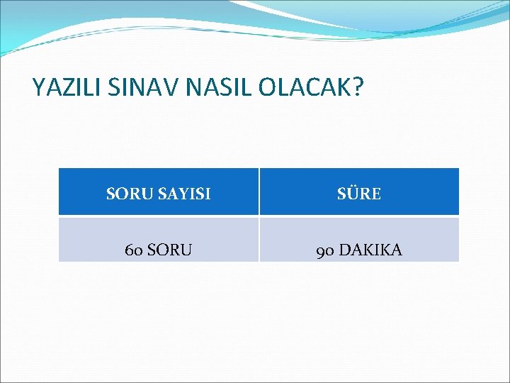 YAZILI SINAV NASIL OLACAK? SORU SAYISI SÜRE 60 SORU 90 DAKIKA 