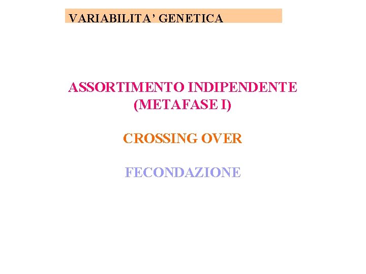 VARIABILITA’ GENETICA ASSORTIMENTO INDIPENDENTE (METAFASE I) CROSSING OVER FECONDAZIONE 
