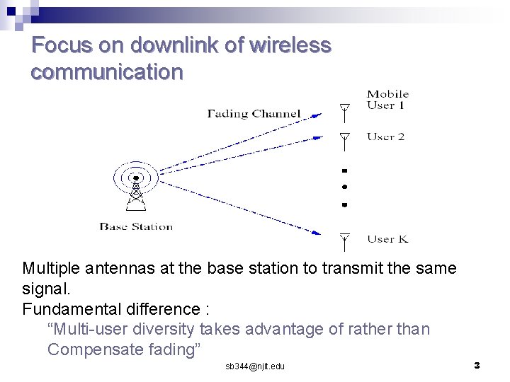 Focus on downlink of wireless communication Multiple antennas at the base station to transmit