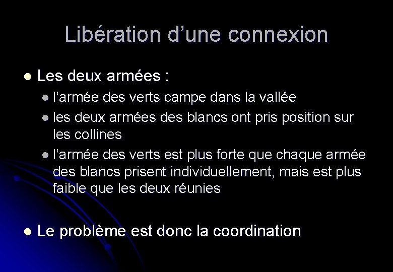 Libération d’une connexion l Les deux armées : l l’armée des verts campe dans