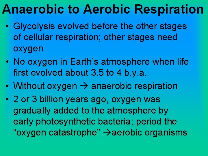 Anaerobic to Aerobic Respiration • Glycolysis evolved before the other stages of cellular respiration;