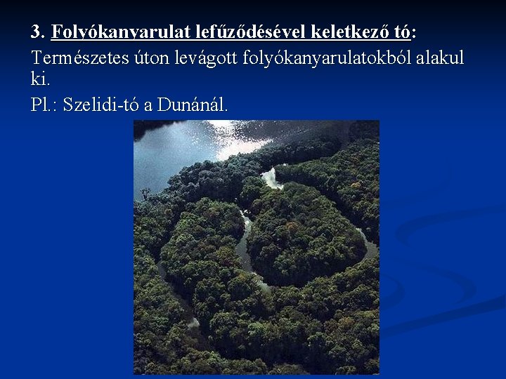 3. Folyókanyarulat lefűződésével keletkező tó: Természetes úton levágott folyókanyarulatokból alakul ki. Pl. : Szelidi-tó