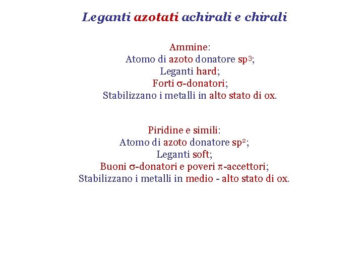 Leganti azotati achirali e chirali Ammine: Atomo di azoto donatore sp 3; Leganti hard;