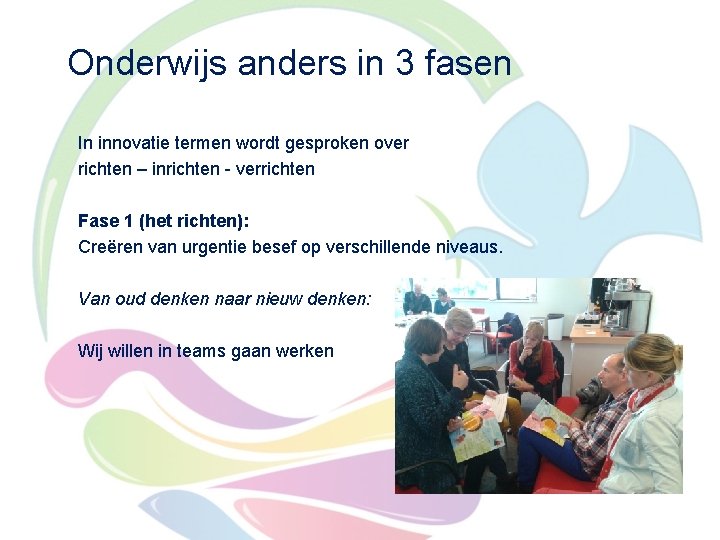 Onderwijs anders in 3 fasen In innovatie termen wordt gesproken over richten – inrichten