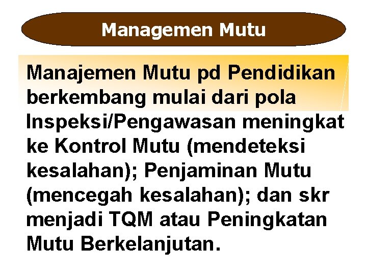 Managemen Mutu Manajemen Mutu pd Pendidikan berkembang mulai dari pola Inspeksi/Pengawasan meningkat ke Kontrol