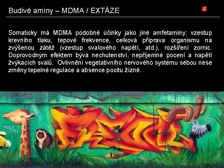 Budivé aminy – MDMA / EXTÁZE Somaticky má MDMA podobné účinky jako jiné amfetaminy: