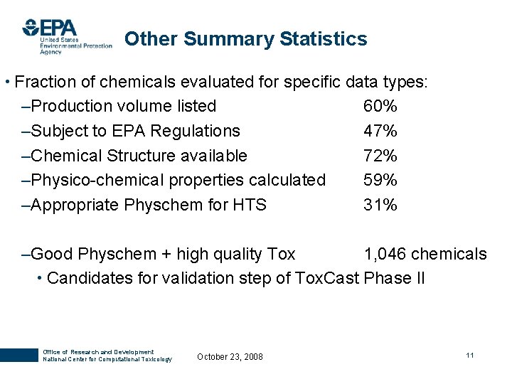 Other Summary Statistics • Fraction of chemicals evaluated for specific data types: –Production volume Other Summary Statistics • Fraction of chemicals evaluated for specific data types: –Production volume