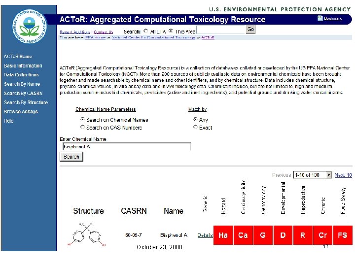 Screen Shots Office of Research and Development National Center for Computational Toxicology October 23, Screen Shots Office of Research and Development National Center for Computational Toxicology October 23,