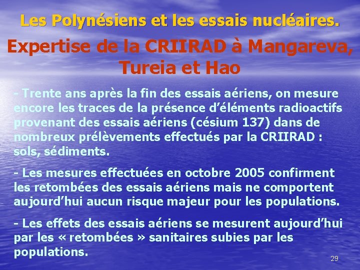 Les Polynésiens et les essais nucléaires. Expertise de la CRIIRAD à Mangareva, Tureia et