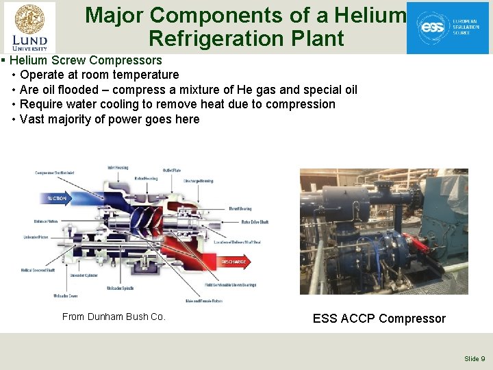 Major Components of a Helium Refrigeration Plant § Helium Screw Compressors • Operate at