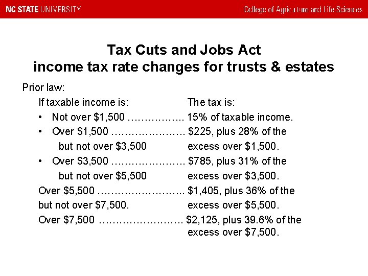 Tax Cuts and Jobs Act income tax rate changes for trusts & estates Prior