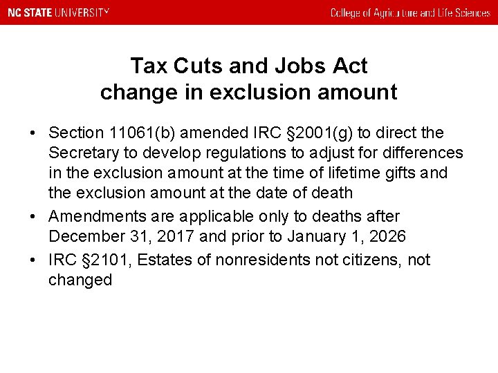 Tax Cuts and Jobs Act change in exclusion amount • Section 11061(b) amended IRC