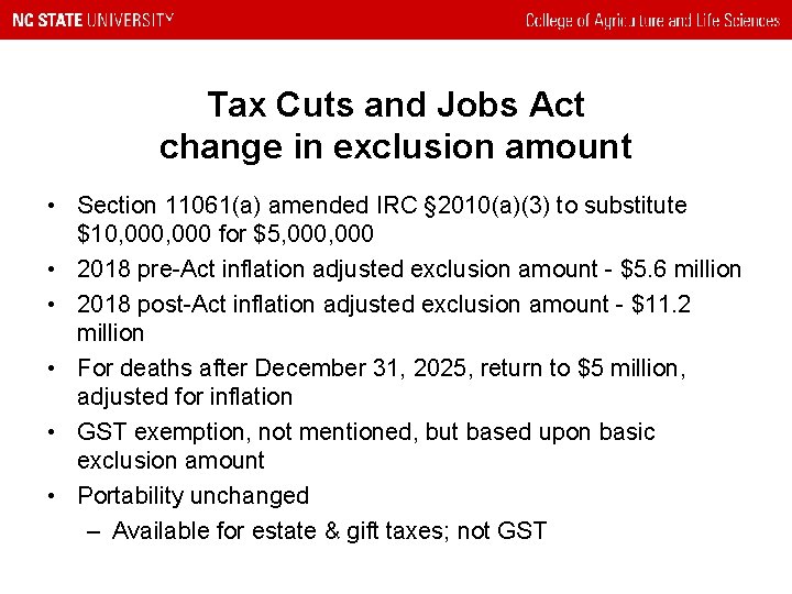 Tax Cuts and Jobs Act change in exclusion amount • Section 11061(a) amended IRC