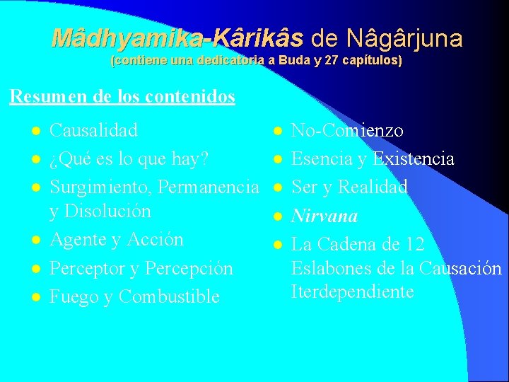 Mâdhyamika-Kârikâs de Nâgârjuna (contiene una dedicatoria a Buda y 27 capítulos) Resumen de los Mâdhyamika-Kârikâs de Nâgârjuna (contiene una dedicatoria a Buda y 27 capítulos) Resumen de los