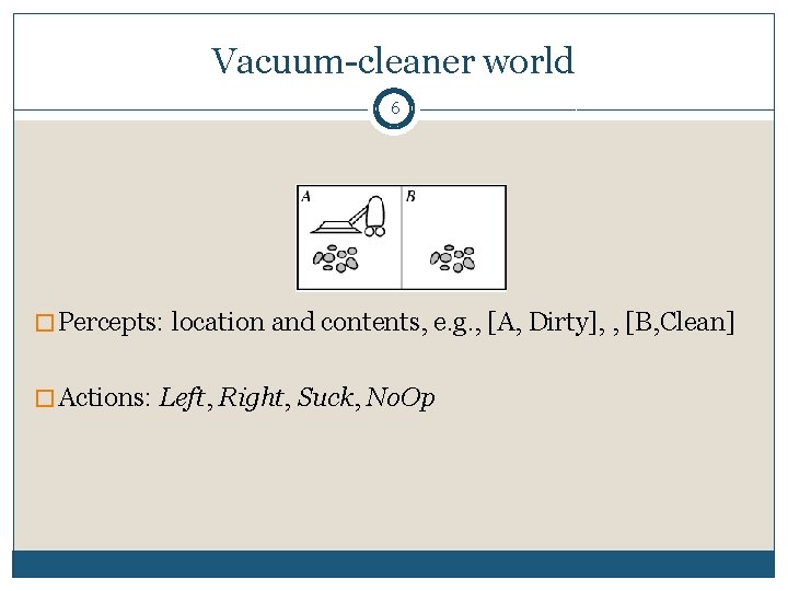 Vacuum-cleaner world 6 � Percepts: location and contents, e. g. , [A, Dirty], ,