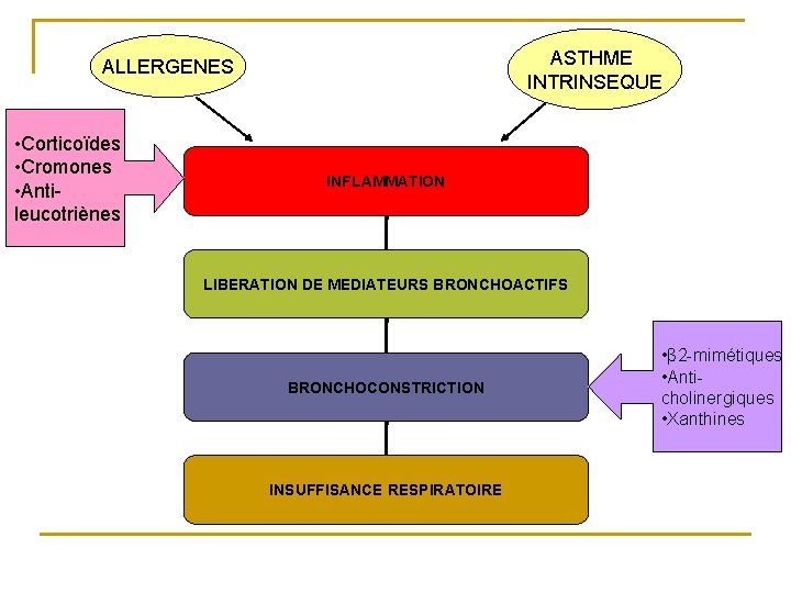 ASTHME INTRINSEQUE ALLERGENES • Corticoïdes • Cromones • Antileucotriènes INFLAMMATION LIBERATION DE MEDIATEURS BRONCHOACTIFS