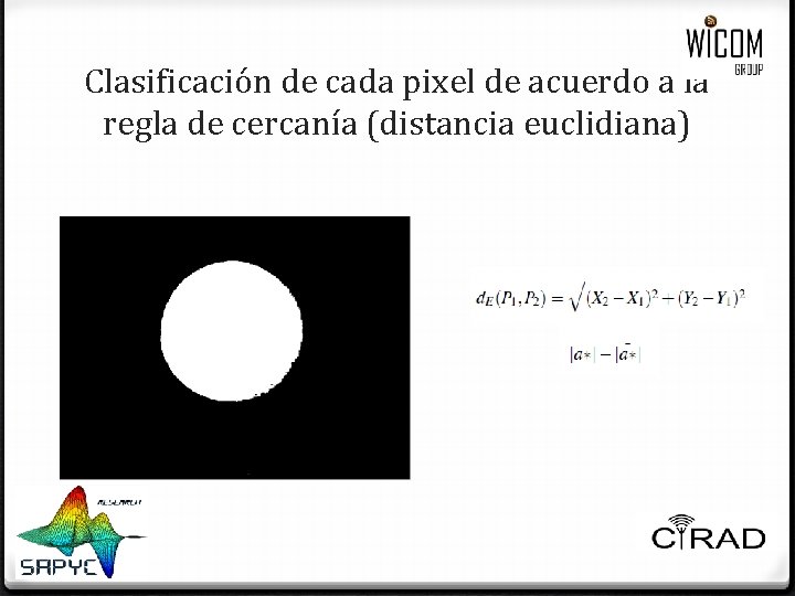 Clasificación de cada pixel de acuerdo a la regla de cercanía (distancia euclidiana) Clasificación de cada pixel de acuerdo a la regla de cercanía (distancia euclidiana)