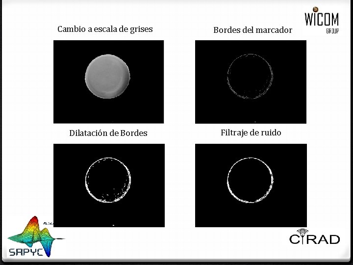 Cambio a escala de grises Dilatación de Bordes del marcador Filtraje de ruido Cambio a escala de grises Dilatación de Bordes del marcador Filtraje de ruido