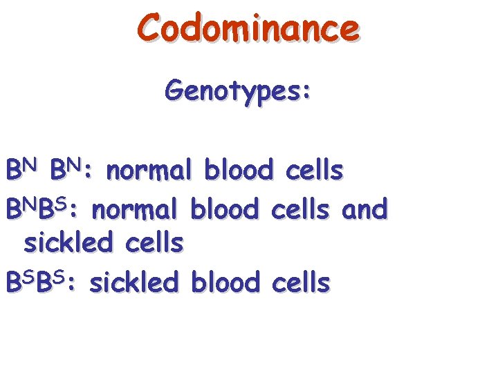 Codominance Genotypes: BN BN: normal blood cells BNBS: normal blood cells and sickled cells