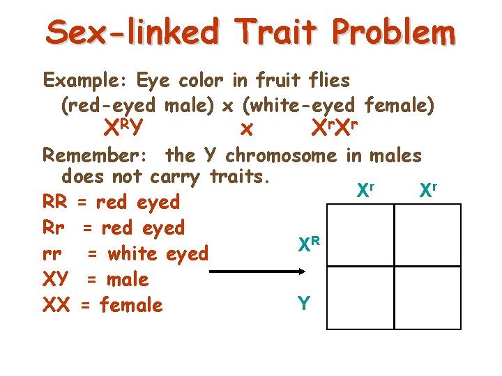 Sex-linked Trait Problem Example: Eye color in fruit flies (red-eyed male) x (white-eyed female)