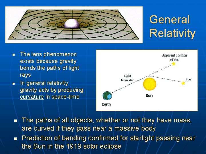 General Relativity n n The lens phenomenon exists because gravity bends the paths of