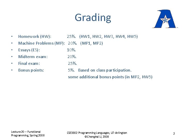 Grading • • • Homework (HW): 25%. (HW 1, HW 2, HW 3, HW