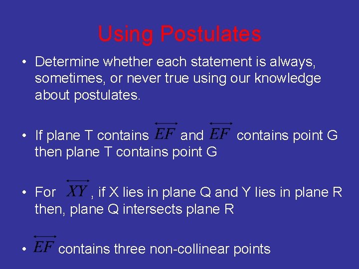 Using Postulates • Determine whether each statement is always, sometimes, or never true using