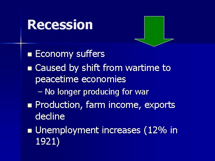 Recession Economy suffers n Caused by shift from wartime to peacetime economies n –