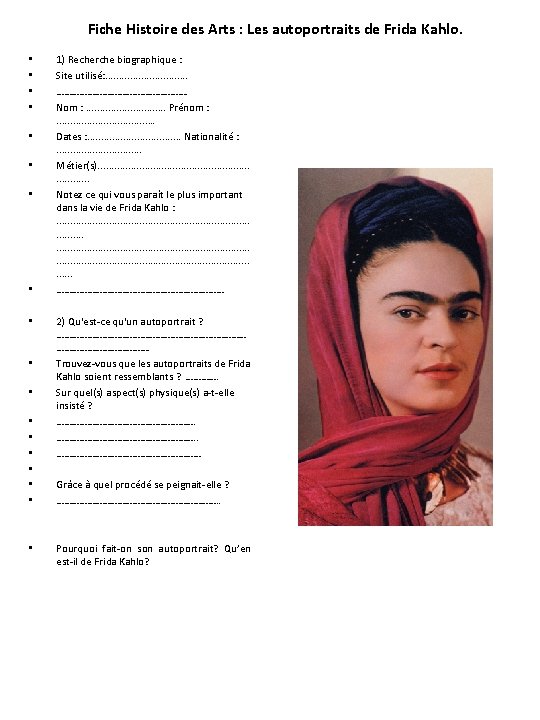 Fiche Histoire des Arts : Les autoportraits de Frida Kahlo. • • • •