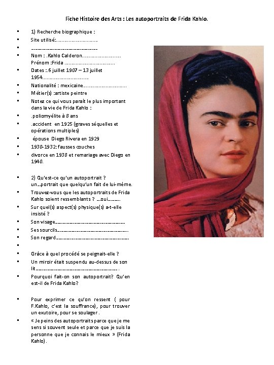 Fiche Histoire des Arts : Les autoportraits de Frida Kahlo. • • • •