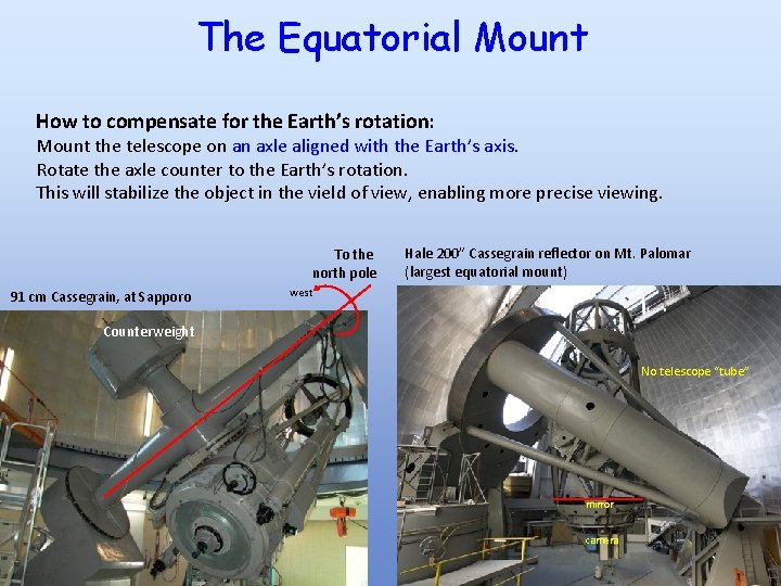 The Equatorial Mount How to compensate for the Earth’s rotation: Mount the telescope on