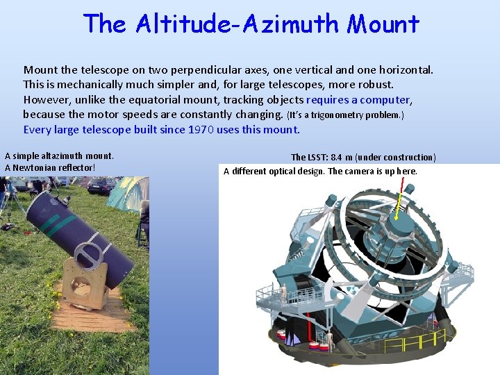 The Altitude-Azimuth Mount the telescope on two perpendicular axes, one vertical and one horizontal.