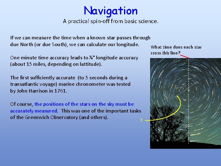 Navigation A practical spin-off from basic science. If we can measure the time when