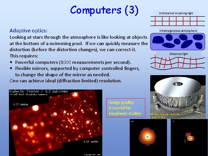 Computers (3) Adaptive optics: Undistorted incoming light Inhomogeneous atmosphere Looking at stars through the