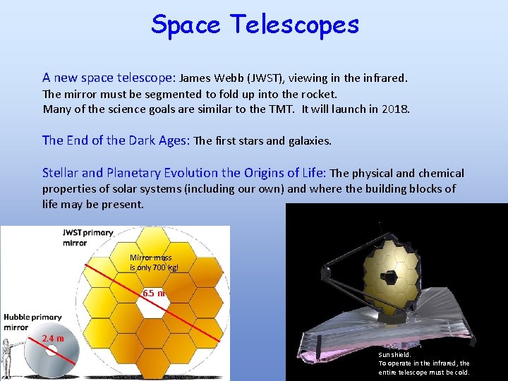 Space Telescopes A new space telescope: James Webb (JWST), viewing in the infrared. The